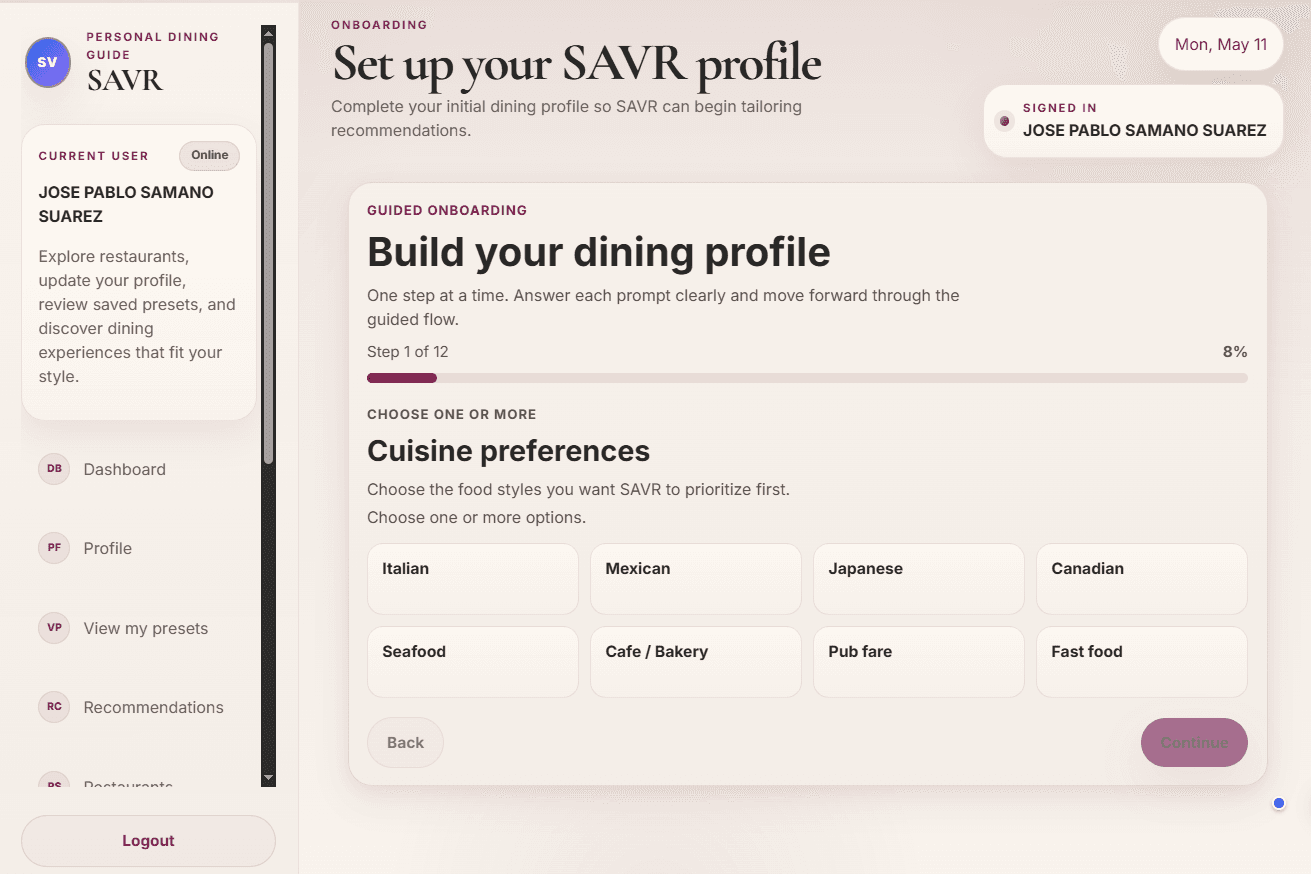 Captura del onboarding guiado de SAVR